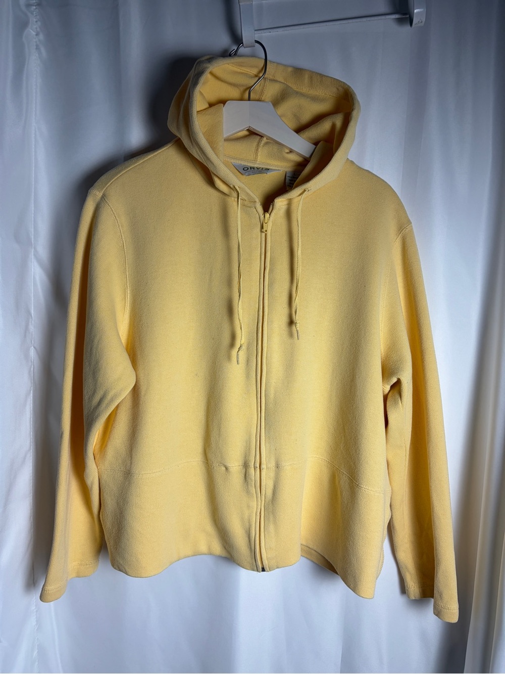 Orvis Full-Zip Cotton Hoodie w/ Hidden Pockets in Pale Yellow; Size L